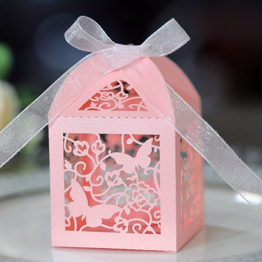 Laser Cut Candy Boxes with Pink Floral Butterfly Design - Set of 50 with Ribbons, Ideal for Weddings, Birthdays, and Bridal Showers