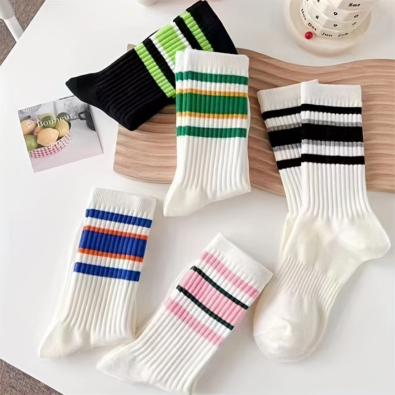 5 pairs of breathable striped print mid tube socks for women