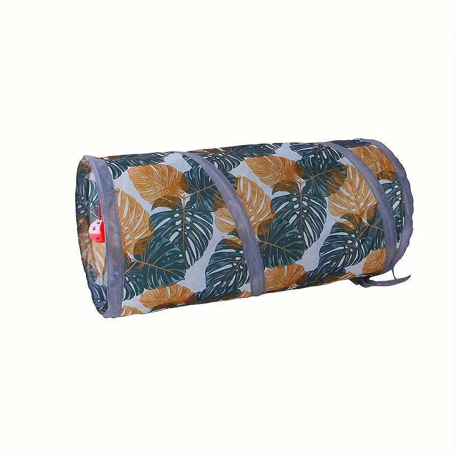 Collapsible cat tunnel with playful leaf print, foldable polyester pet toy for cats. Interactive and stimulating fun, easy to store and clean. Durable interactive cat toy.