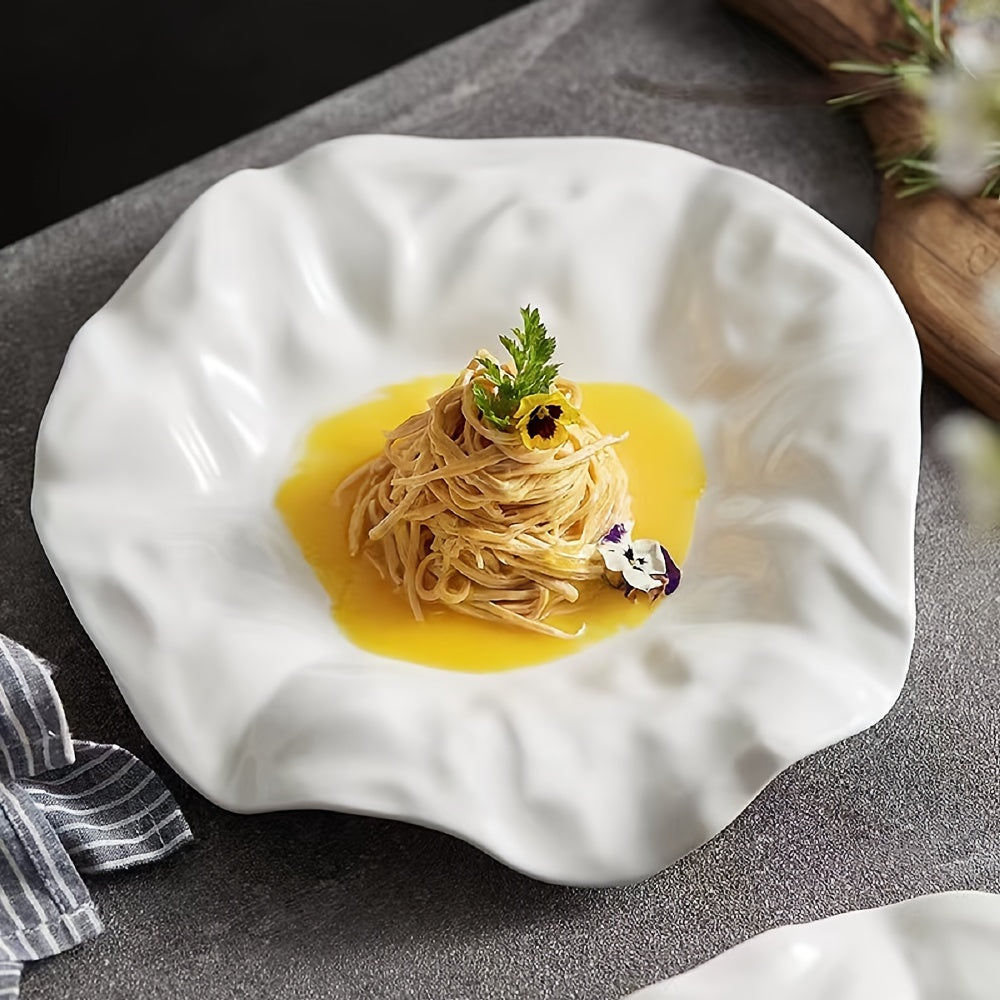 Single white ceramic dish, versatile for afternoon tea, pasta, molecular cuisine, diet meals, desserts, salads, and fruits. Ideal for home or restaurant parties.