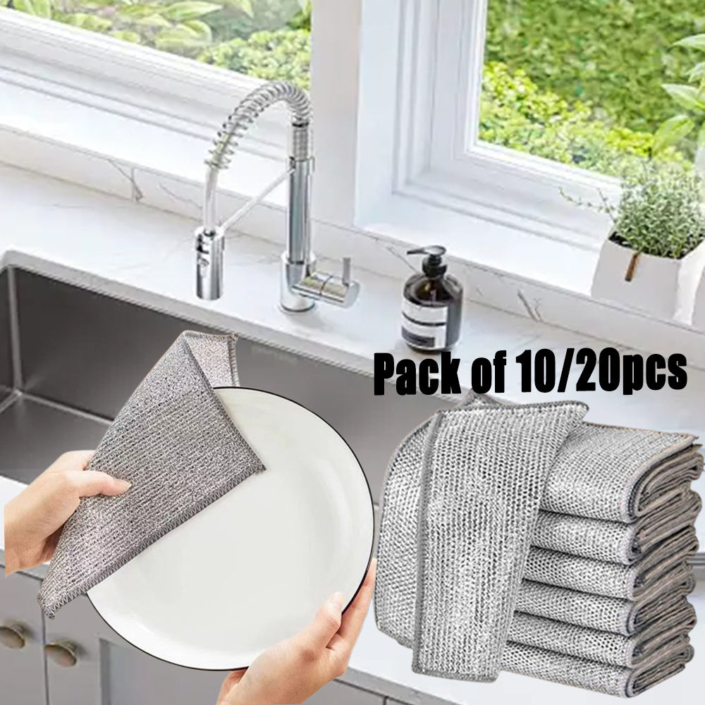 Get a pack of 10/20 stainless steel double-layer wire dishcloths that are perfect for a variety of cleaning tasks. These non-scratch, non-stick, and oil-free cloths can be used on stove surfaces, pots, range hoods, and more. They are versatile mesh