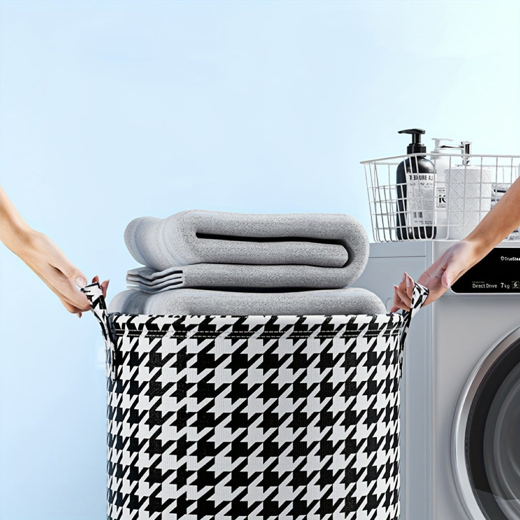 Round Houndstooth Fabric Laundry Basket featuring Leather Handles, Perfect for Storing Clothes & Toys. Can be Folded for Easy Storage. Versatile and Minimalist Design ideal for Home, Kitchen, or Bedroom.