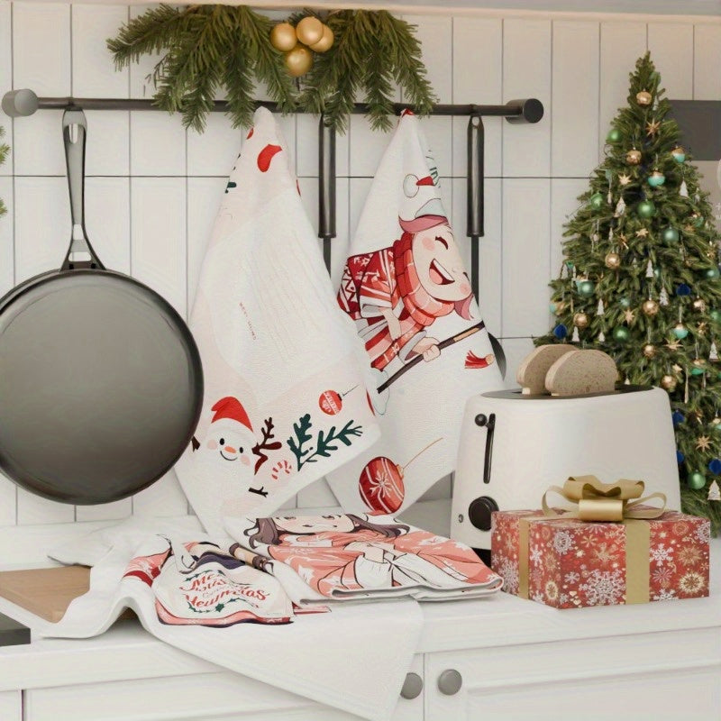 4 pieces of 18 by 66.04 cm Merry Christmas kitchen decorations, including soft Christmas kitchen towels with snowflake and snow Christmas tree design. Perfect for gifting or adding festive decor to your kitchen. Made with CUDMZ fabric.