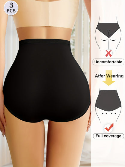 Three high waist tummy control briefs with label print, comfortable and breathable, ideal for women's lingerie and underwear.