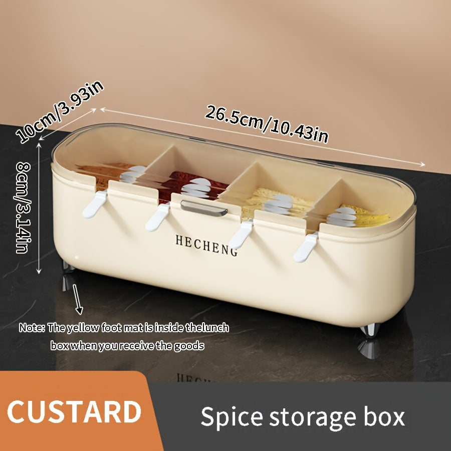 Season your meals with ease using this convenient 1-piece seasoning box. It features 4 compartments, a lid, and a spoon for easy access to your favorite spices, salt, and sugar. Keep your kitchen organized with this versatile storage container for all