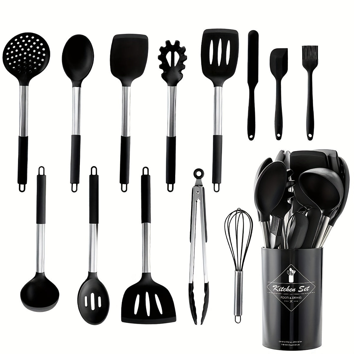 Get ready for holiday cooking with this 14-piece silicone kitchen utensil set! Includes spatulas, spoons, turners, whisk, scraper, and storage holder. Perfect for Christmas, Halloween, Easter, Hanukkah, Thanksgiving, and more.