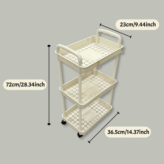 Tiered Plastic Utility Cart with 3-Tiers, Rolling Organizer Trolley, Floor Mount Storage Rack for Kitchen and Living Room, No Electricity Required, Multi-Purpose Shelving Unit