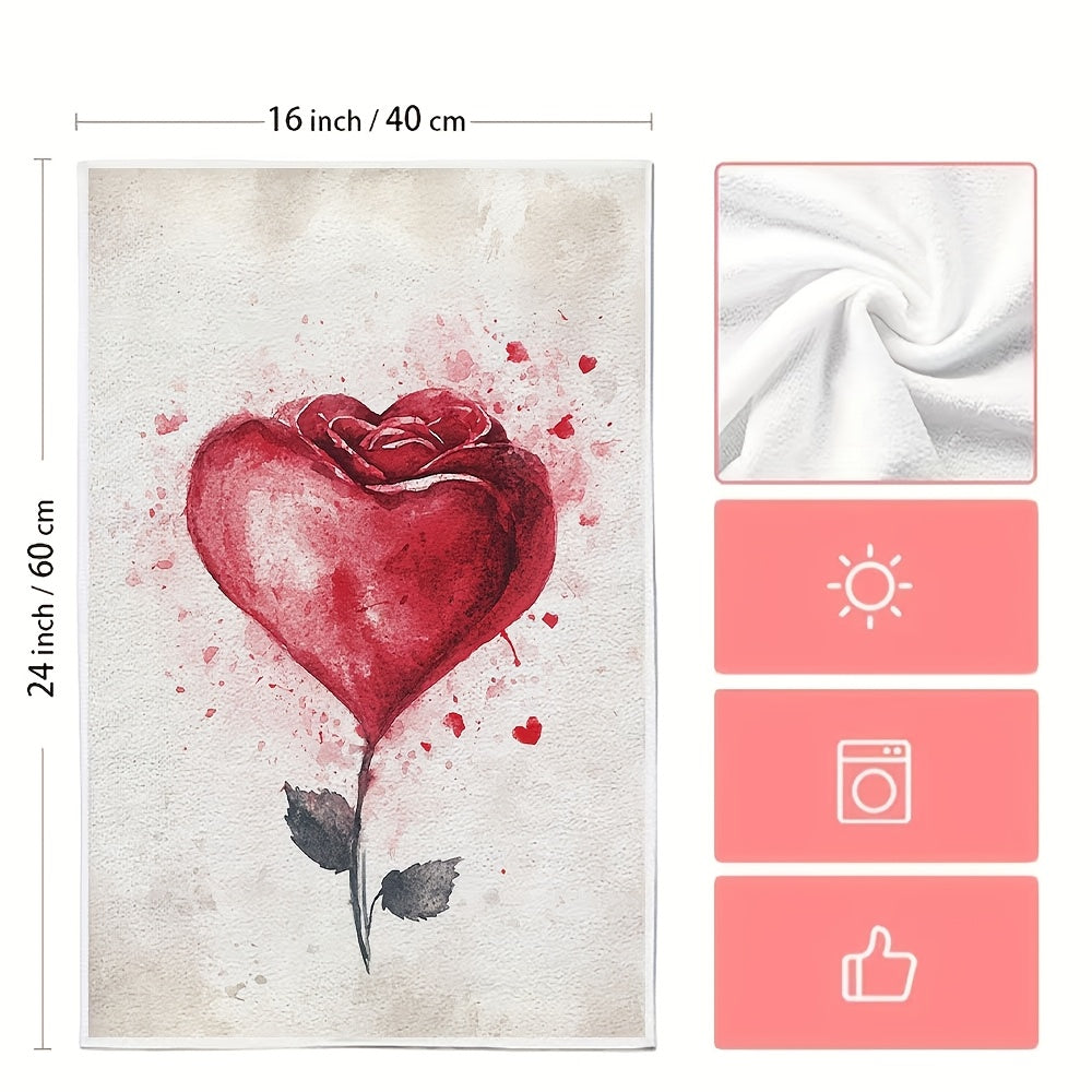 Valentine's Day-themed Kitchen Towels - Set of 2, Ultra Soft with Heart & Rose Design, Highly Absorbent, Machine Washable, 40.64x60.96 cm - Ideal for Romantic Home Decor and Dish Drying.