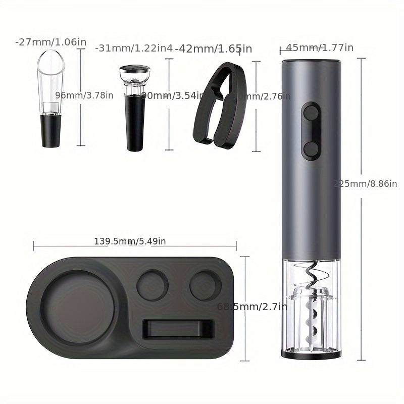 Electric wine opener set includes automatic opener, corkscrew, vacuum stopper, and 5 essential tools. Dimensions: 8.31cm X 7.29cm X 23.19cm.