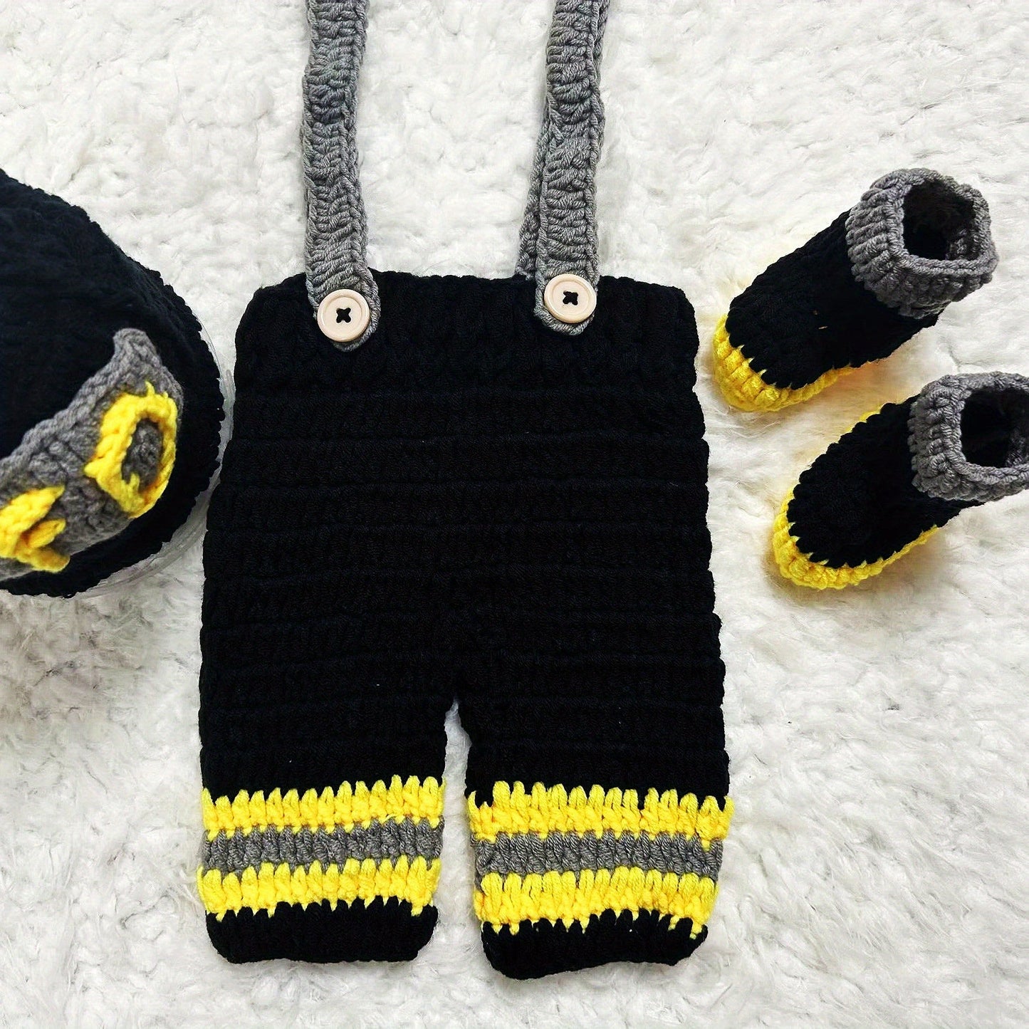 Set of 3 FD Firefighter Newborn Baby Photography Props, including crochet yarn hat, overalls, and boots.