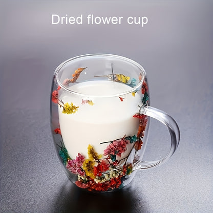 1pc double-layer glass cup with real flowers and flowing sand, perfect for hot drinks, milk, or summer beverages, ideal as a birthday gift.