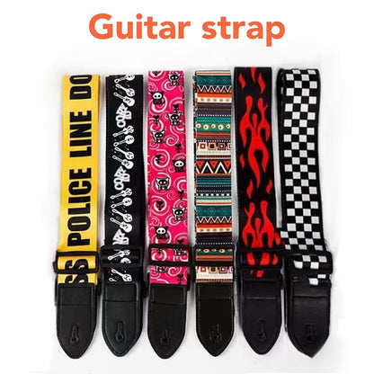 Durable, adjustable faux leather guitar strap in vibrant pink, yellow, and black patterns, suitable for acoustic, electric, and bass guitars.