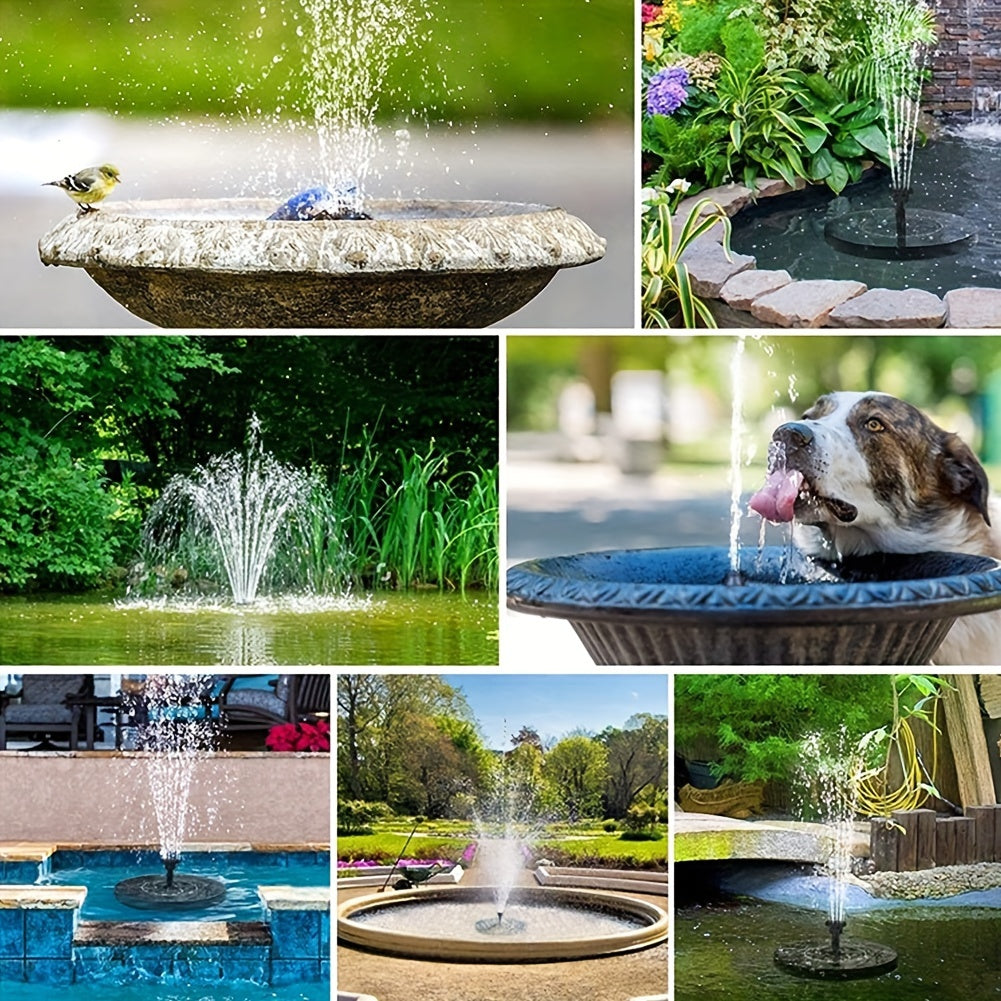 Solar fountain water pump with 6 nozzles for various outdoor decorations such as bird baths, ponds, gardens, and backyard aquariums.