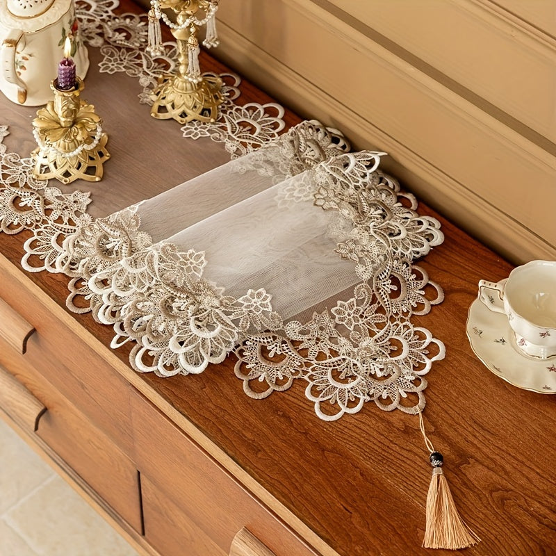 Polyester square table runner with floral lace edging, ideal for dining rooms, coffee tables, parties, and gatherings.