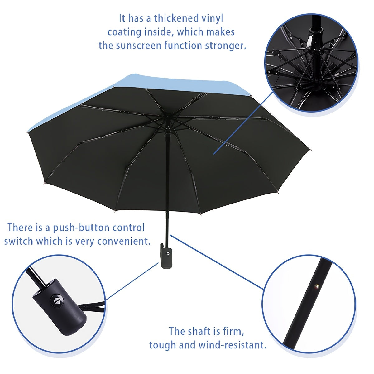 UV protection folding umbrella with automatic open, 8 ribs, durable iron frame, portable for sun and rain, casual minimalist style, made of plastic and pongee material with black coating