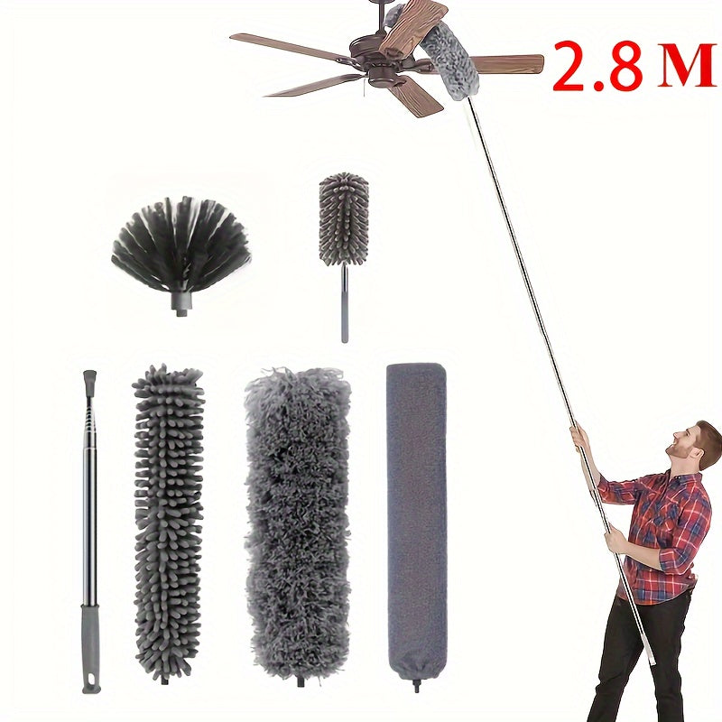 Microfiber Dusters Set with Extension Pole and Retractable Brush for Dust Removal. Features a Bendable Head and is Reusable and Washable. Ideal for Cleaning High Ceilings, Furniture, Cars, and More. Includes Cleaning Supplies and Tools.