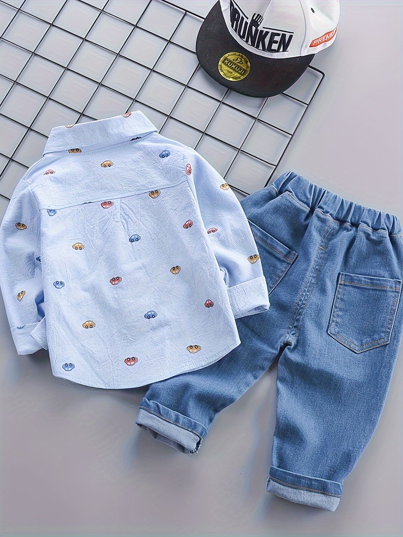 BABICOLOR Boys' Cotton Outfit Set includes a V-Neck car print shirt and regular fit jeans with slight stretch, perfect for outdoor activities in spring or fall.