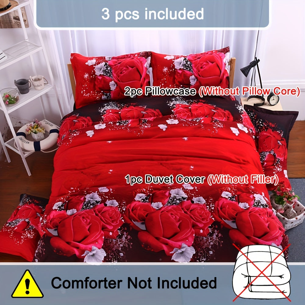 Romantic Couple Bronzing Marble Rose Red Duvet Cover Set with 3-piece Rose Bouquet Bedding. Includes 1 Duvet Cover and 2 Pillowcases (Pillow Core not included).