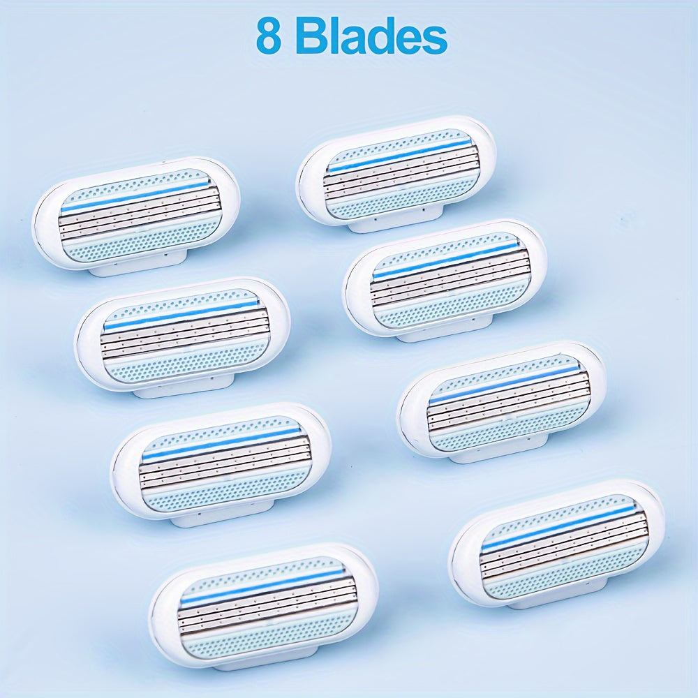 Hypoallergenic manual hair removal razor kit with blue handle + 8 white blades, stainless steel for smooth, normal skin.