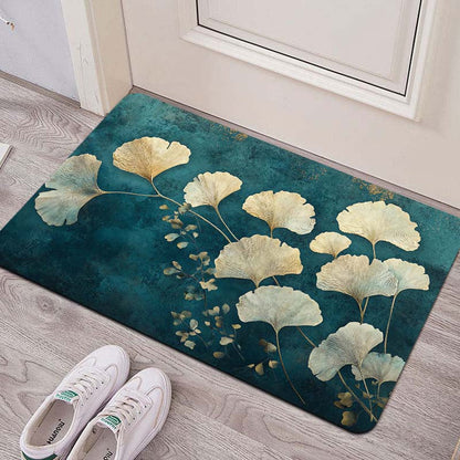 This retro-style Ginkgo Leaf pattern floor mat is 8mm thick and made from soft, high-quality material. It is suitable for use in the kitchen, living room, or bedroom. This durable mat is machine washable and can be used as an entrance door mat or