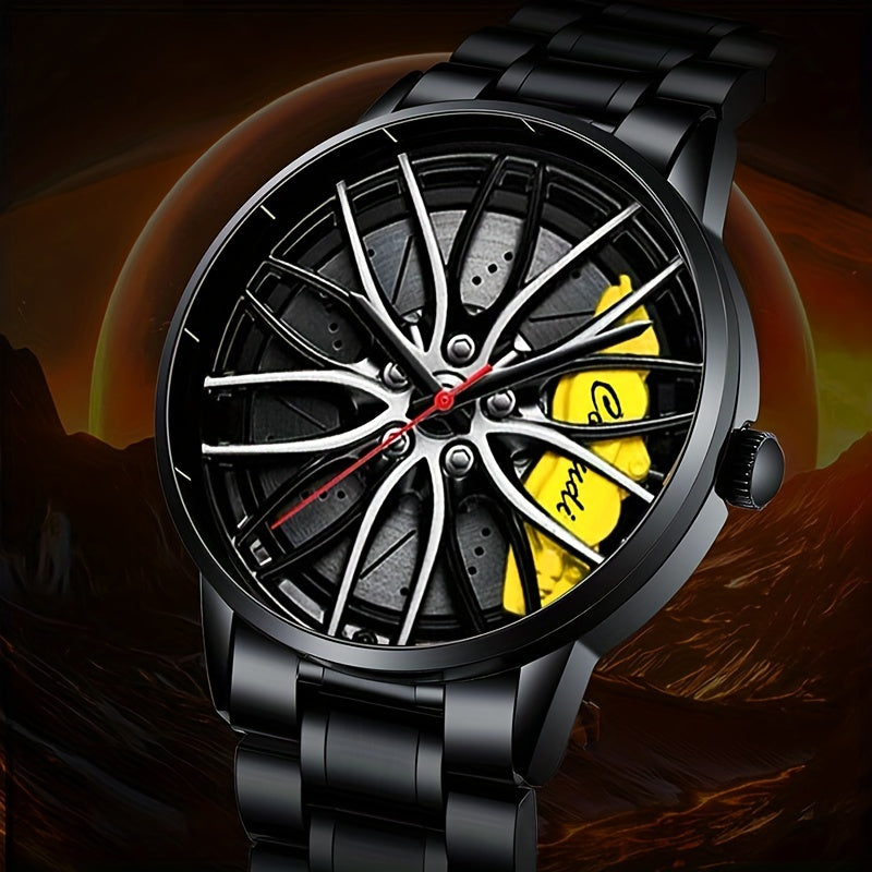 Men's Watch with Car Wheel Hub Caliper Design, Steel Band with Luminous Features, Three-dimensional Hollow Sports Wrist Watch, Perfect Gift Choice