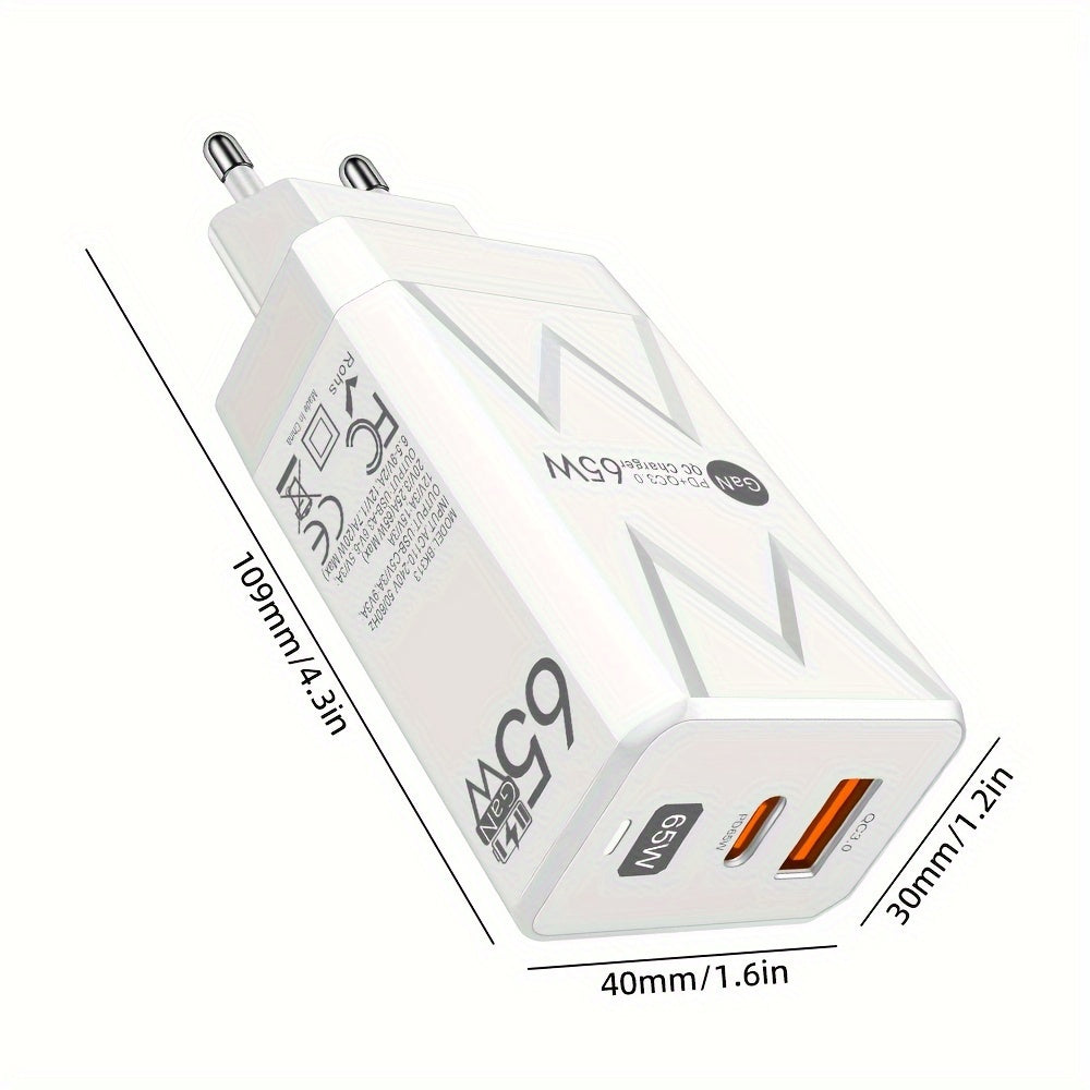 65W PD + 20W USB GaN Двойное Портовое Зарядное Устройство с EU Вилкой для Быстрой Зарядки Мобильных Телефонов, Портативное для Путешествий.