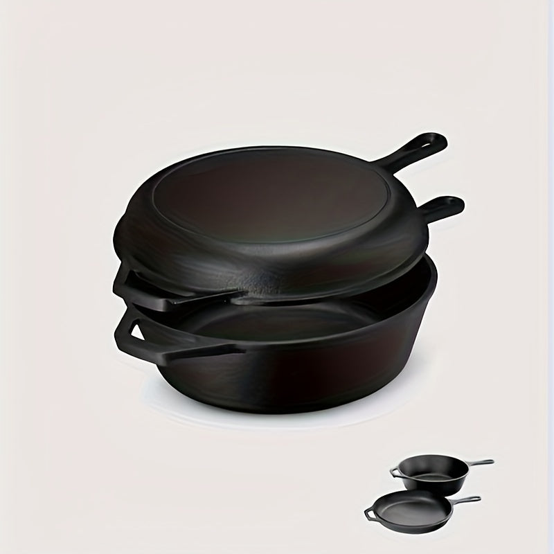 Black 1PC Cast Iron Combo Cooker, Pretreated Stew Pans and Frying Pans with Non-Stick Coating and Heat-Resistant Handles