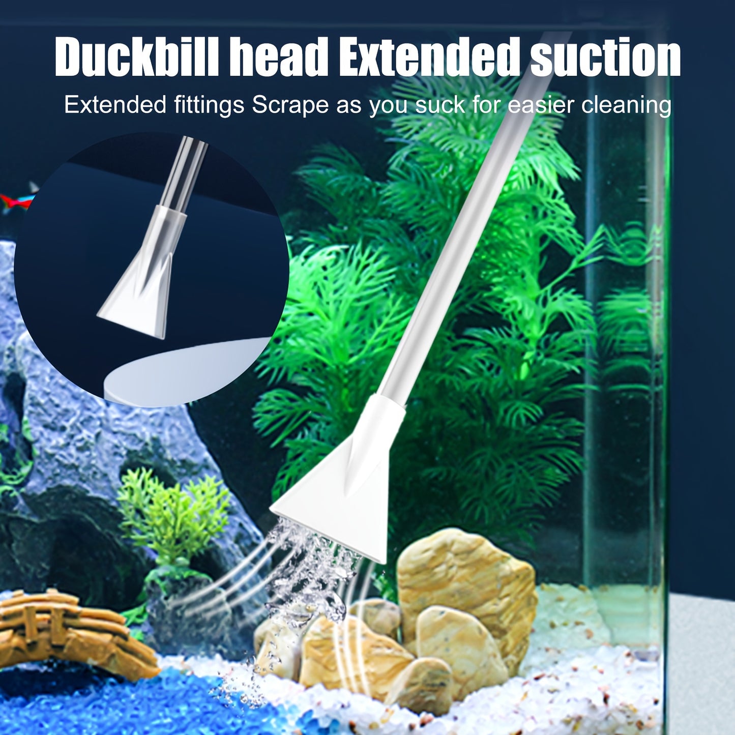 Aquarium water changer and sand washer for easy fish tank maintenance with suction pipe and thickened airbag.