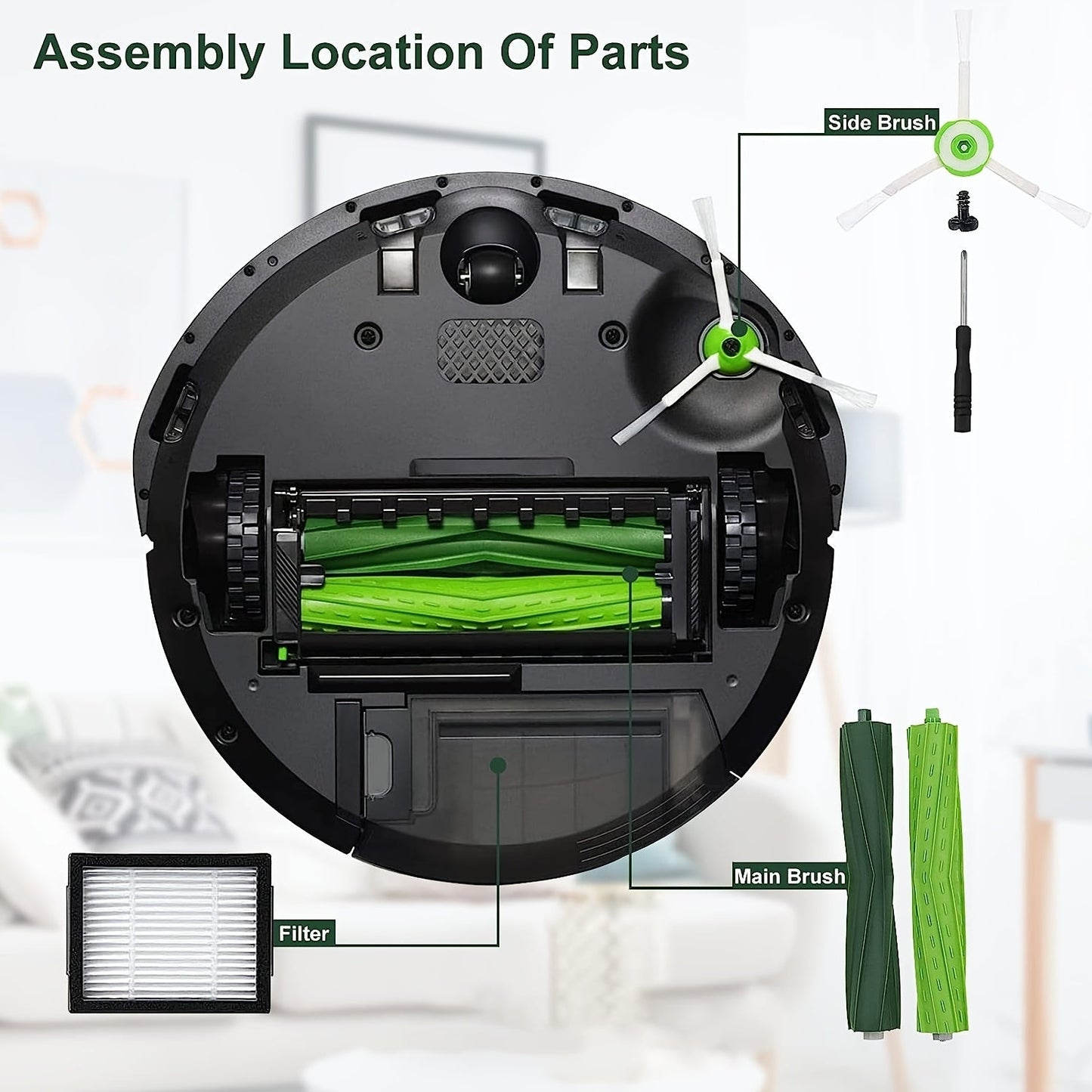 26 Piece Replacement Parts Kit for IRobot E/i/j Series, Including E5, E6, E7, I2, I3, I3+i4, I4+, I6, I6+, I7, I7+, I8, I8+/Plus. Kit Includes 2 Sets of Multi-Surface Rubber Roller Brushes, 8 Filters, 8 Side Brushes, and 8 Vacuum Bags.