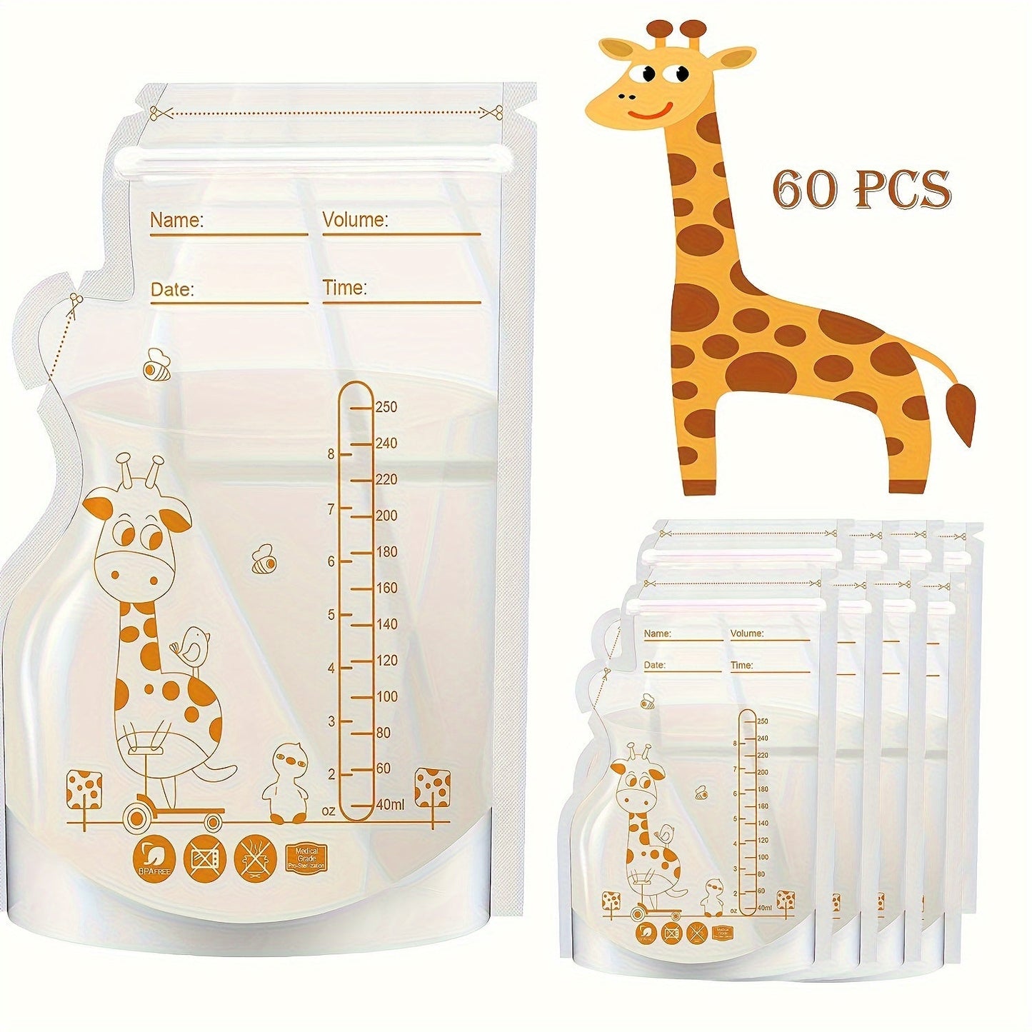 A pack of 60 breastmilk storage bags, each holding 8.5oz and made from BPA-free material. These bags come with a convenient pour spout for easy pouring while breastfeeding. They are designed to stand on their own and have a flat profile, saving space in