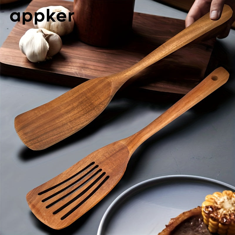 Acacia Wood Spatula Set by Appker - Non-Stick, Food-Safe Kitchen Tools for Cooking, Mixing, Frying, and Flipping - Includes Durable Slotted Turner and Flat Spatula for Fish, Eggs, and More