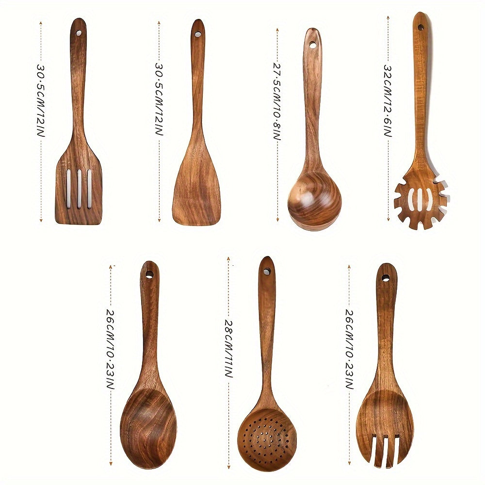 Set of 7 cooking utensils made of premium wood, including a shovel and spoon, designed for heat resistance and use with non-stick pans. Also includes a salad spoon and fork, perfect kitchen accessories for cooking.