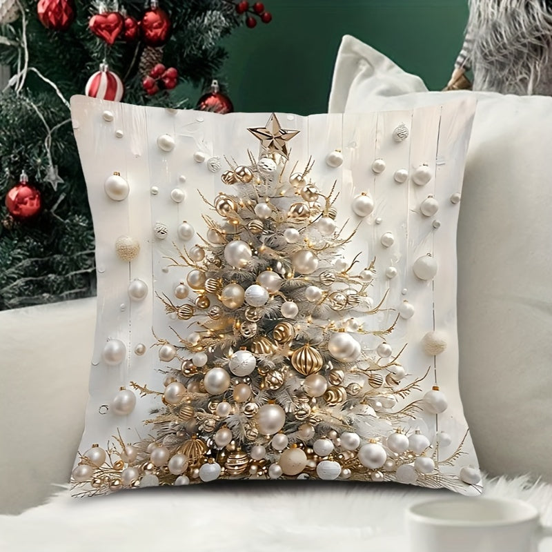 Deluxe Christmas Tree Pillow Cover, 1pc; 44.96x44.96cm; Contemporary Style; Double-Sided Printing; Reversible; Zipper Closure; Machine Washable; Polyester; For Sofa and Living Room Décor.