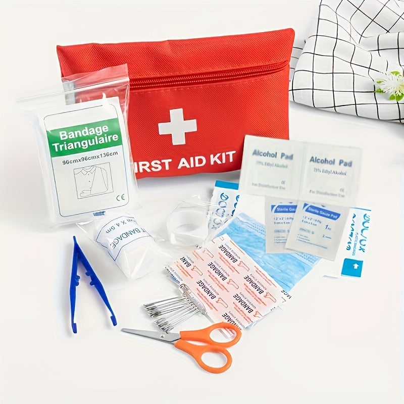 Compact and durable first aid kit, perfect for home, car, camping, and hiking, includes scissors, tweezers, and essential emergency supplies for school, adventure, and disaster response.