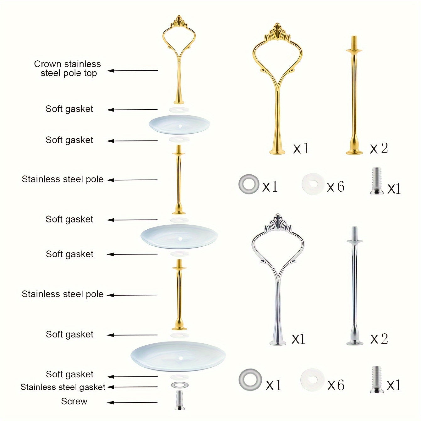 Cake stand hardware accessories including a 3-tier cake stand mold, crown resin crafts, perfect for weddings and parties. Ideal for serving cupcakes and desserts. Available in golden and silvery.