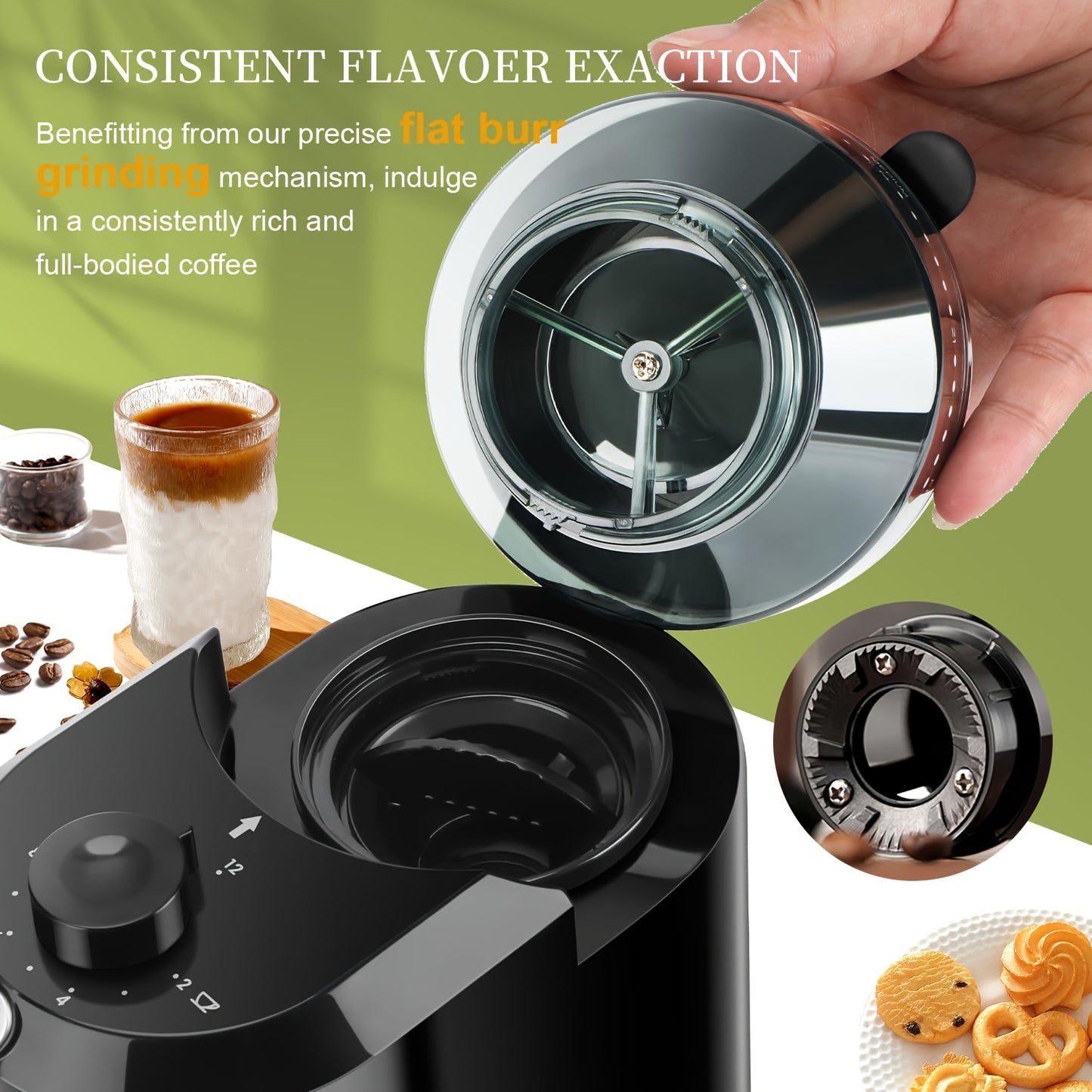 Professional coffee bean grinder with 28 adjustable precision grinding settings, perfect for making 12 cups of coffee.