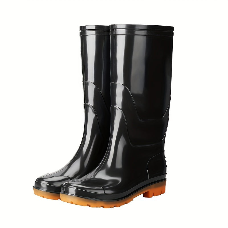 Unisex tall rain boots in black, white, yellow, camouflage with non-slip rubber sole.