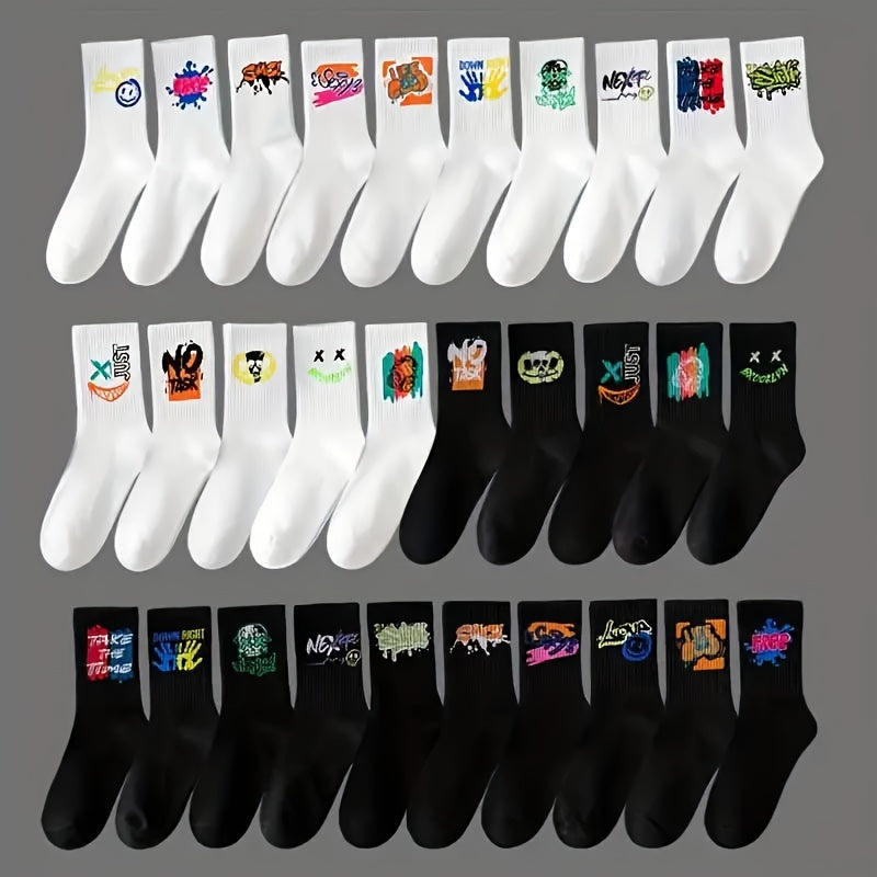 Five pairs of black and white graffiti mid-calf sports socks for men and women.