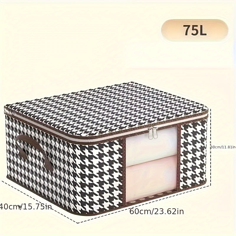 Chic houndstooth linen storage box with dustproof zippered design and clear viewing window for organizing car interior accessories and home items.