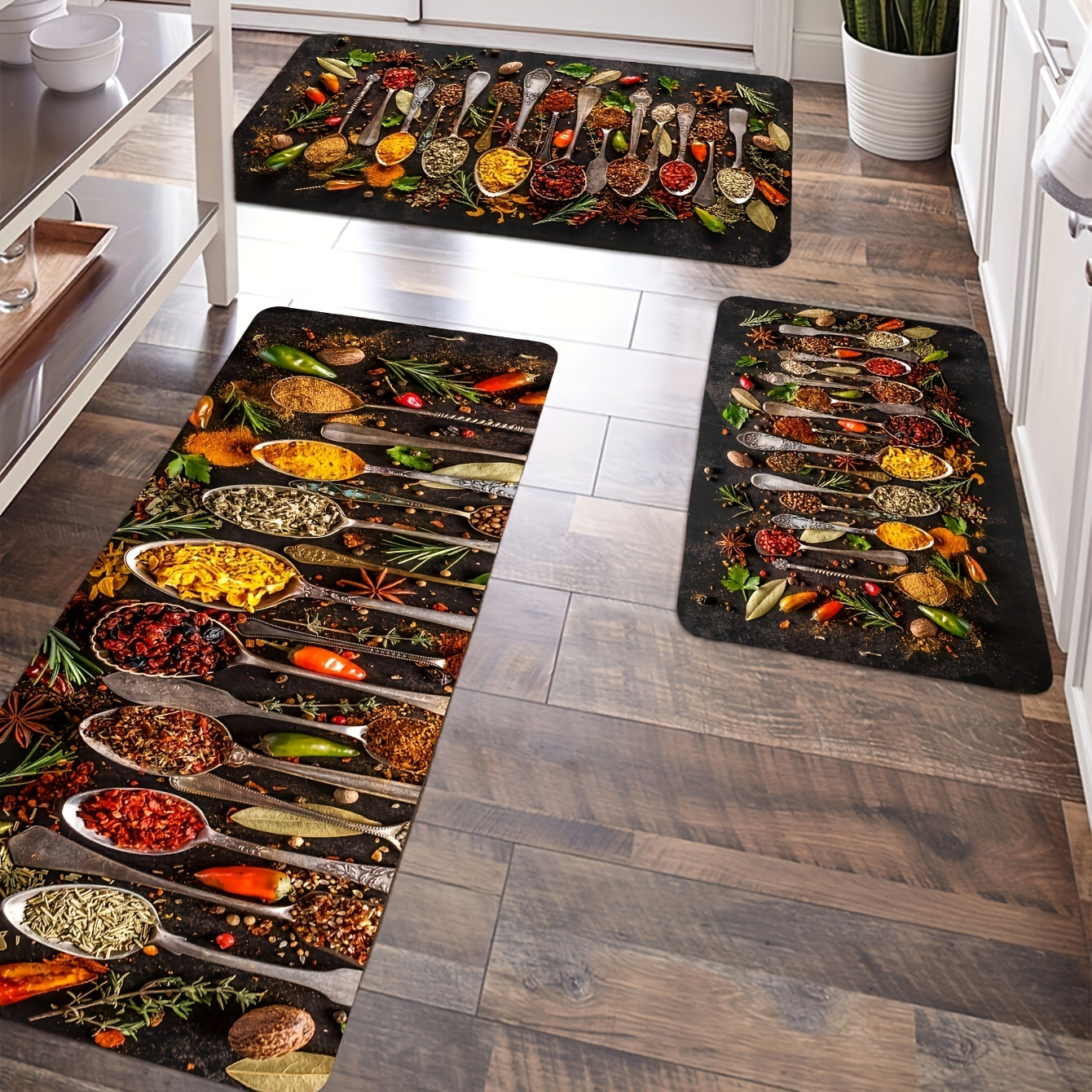 1 piece of Spices and Cutlery Patterned Mat for the Kitchen - Non-slip Kitchen Floor Rug, Home Decor and Room Decoration