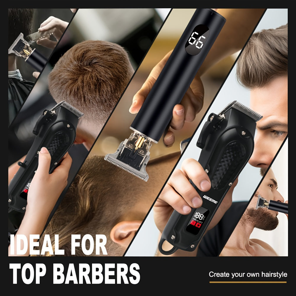 Introducing the WEEME New Technology Black Light Digital Display Three-piece Set - Electric Hair Clipper, T-shaped Trimmer, and Reciprocating Razor. Professional haircut and shaving in one