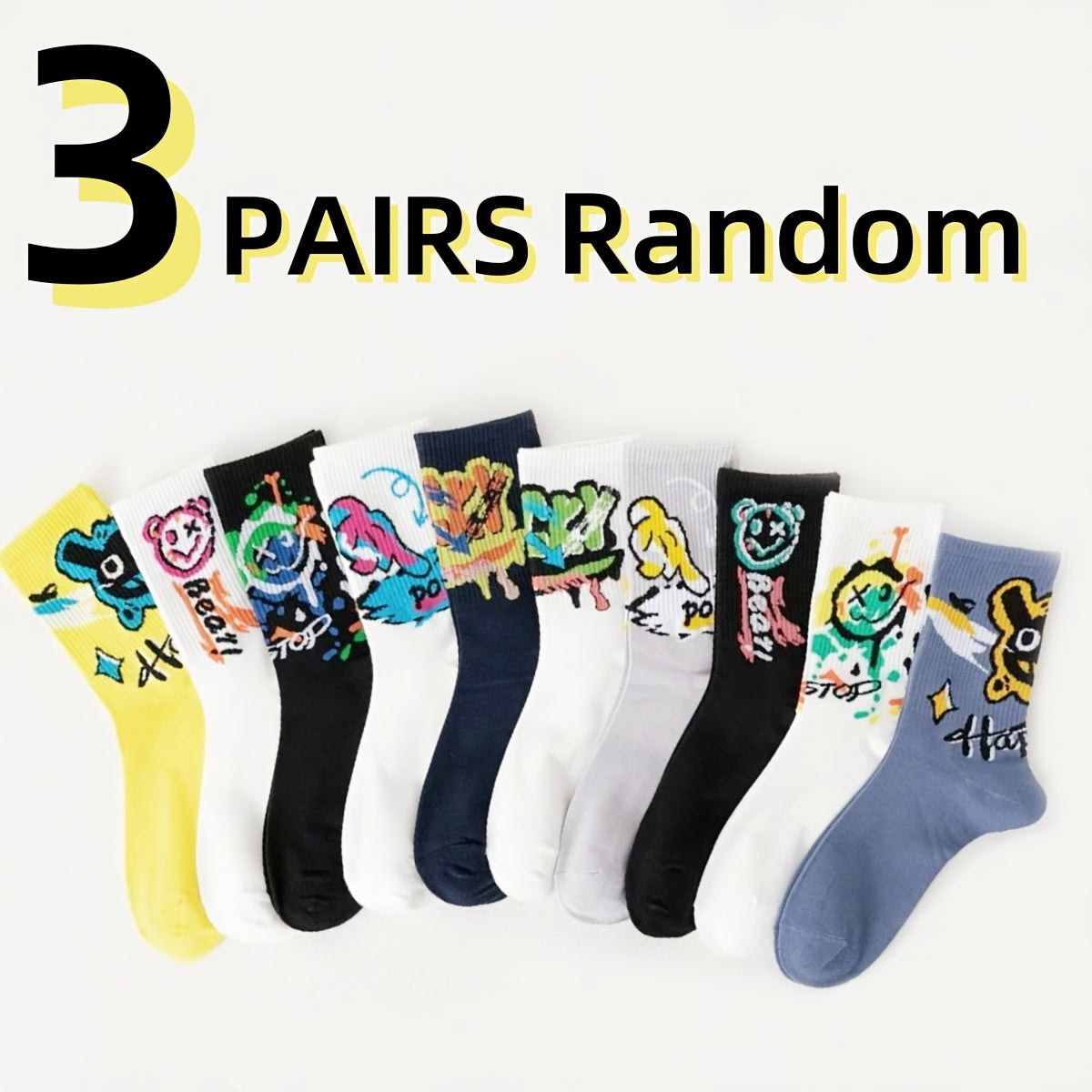 10 Pairs Men's Mid-Calf Socks - Stylish graffiti design, perfect for daily wear and outdoor activities. Made of a blend of polyester and spandex.