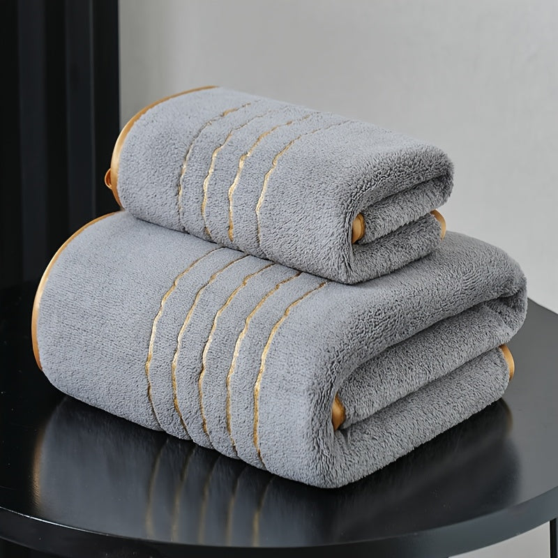 Set of 2 striped polyester bath towels with super absorbent feature. Includes one large towel (85.65*169.32 cm) and one small towel (33.86*73.69 cm). Ideal for bathrooms, gyms, parties