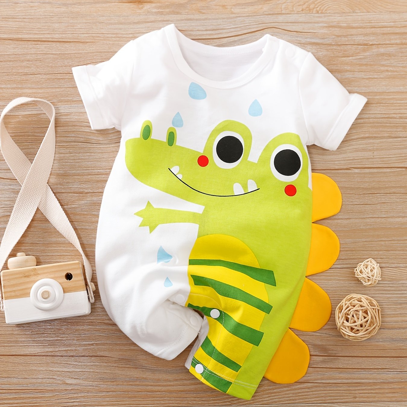 1pc Baby Boys Cotton Jumpsuit with Cute Cartoon Crocodile Print, Regular Fit Knit Fabric Romper ideal for Spring/Summer outdoor activities