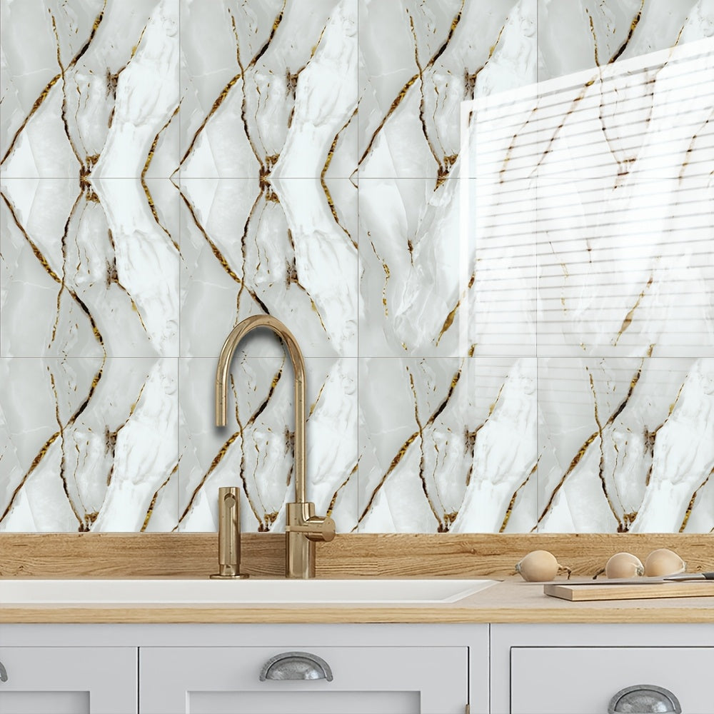 30 self-adhesive marble effect wall tile stickers in black and golden design, waterproof PVC material, cuttable and peelable, ideal for kitchen and bathroom, each sticker measures