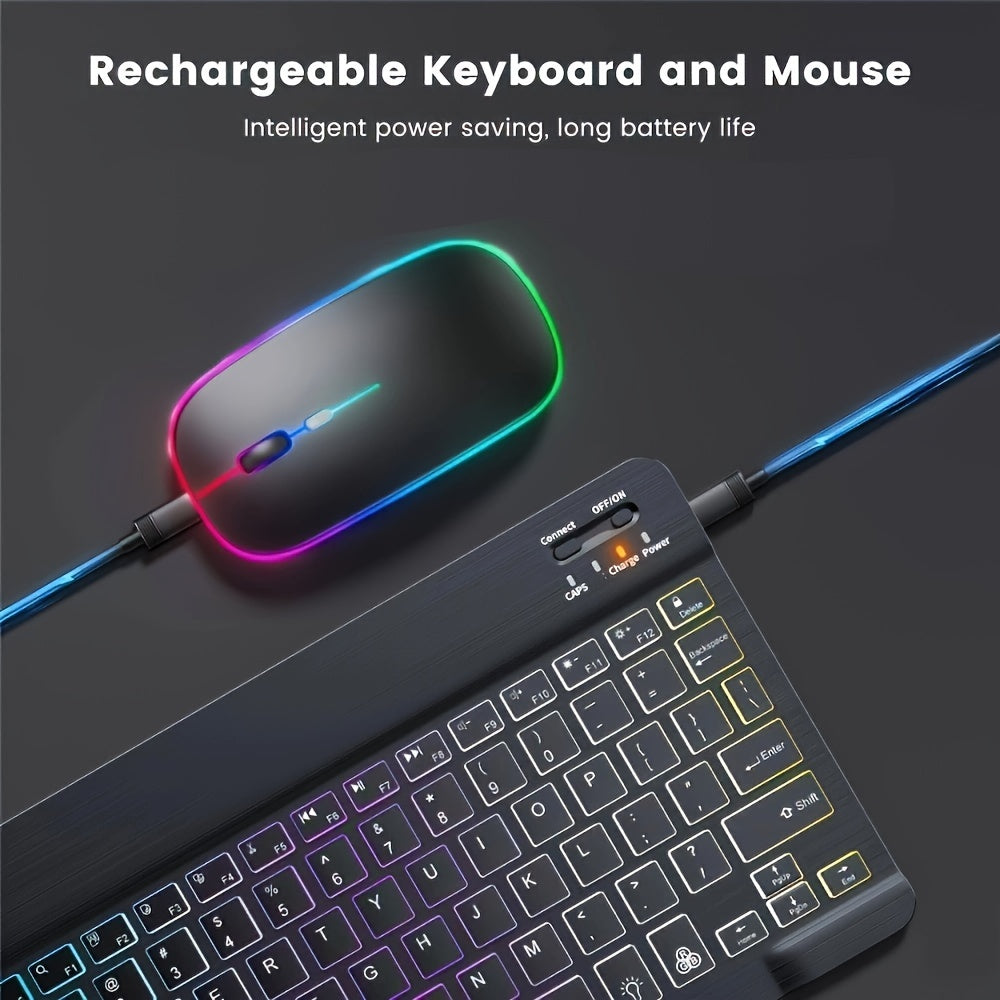 Ultra-Slim backlit wireless keyboard and mouse set with rechargeable battery, type-C charging, and tablet compatibility in English layout.