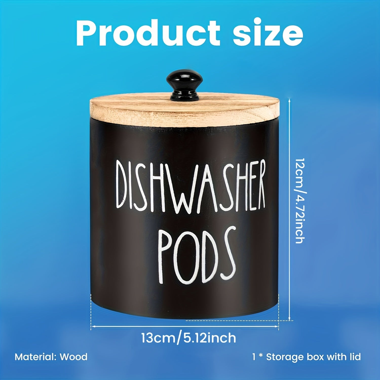 Wooden laundry pods container with lid for kitchen decor and organizing.