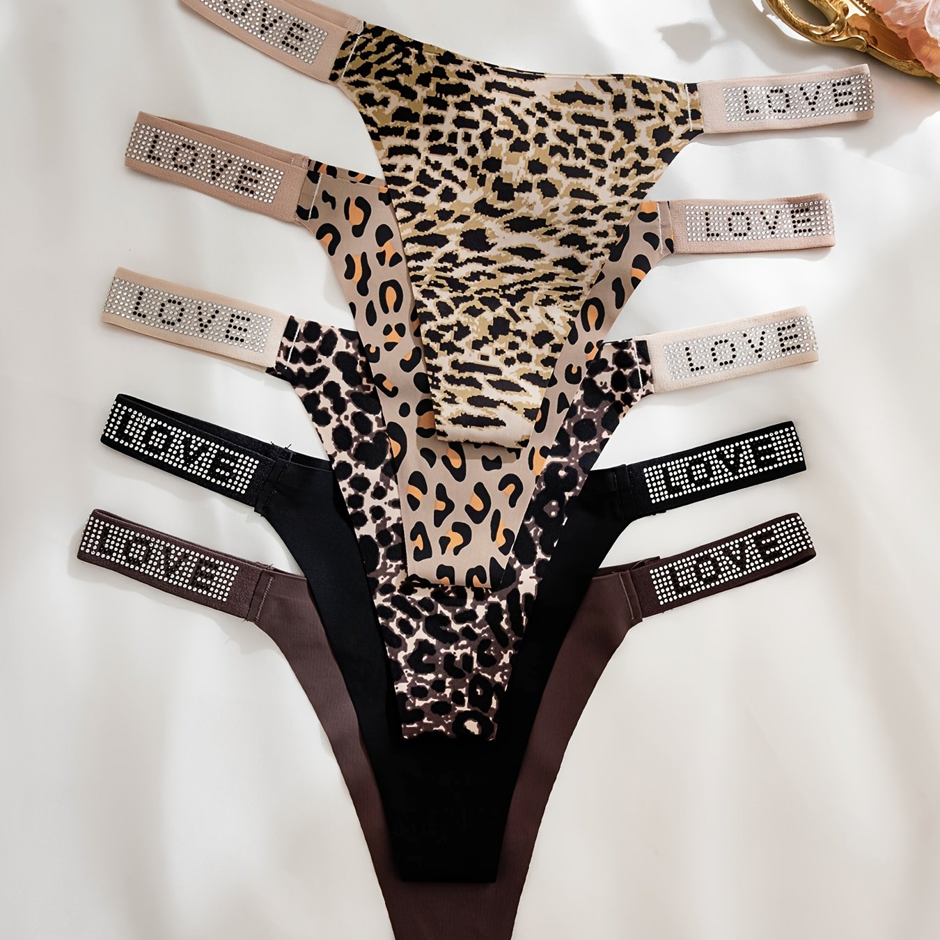 5pcs Rhinestone Leopard Tape Low Waist Thongs: Comfy and Stretchy Women's Intimates