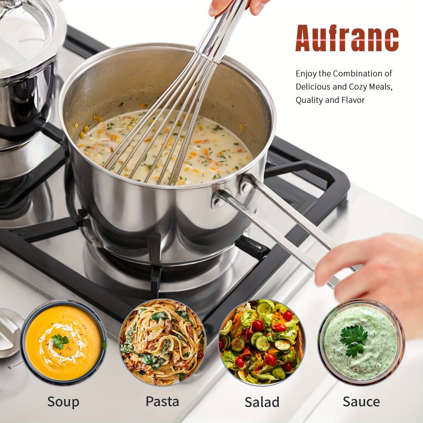 Six-piece stainless steel cookware set including nonstick induction-compatible pots and pans. Dishwasher safe with saucepans and stockpots. Suitable for use on gas, electric, and induction cooktops.