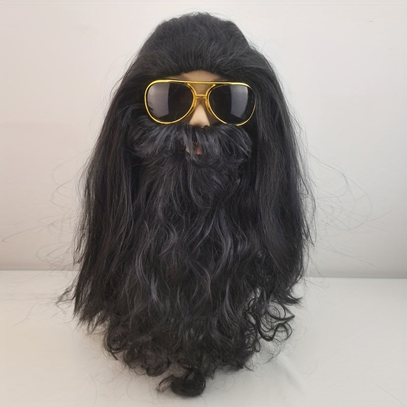 Set of 3: Men's Long Black Wig and Beard with Glasses for Halloween Caveman Costume